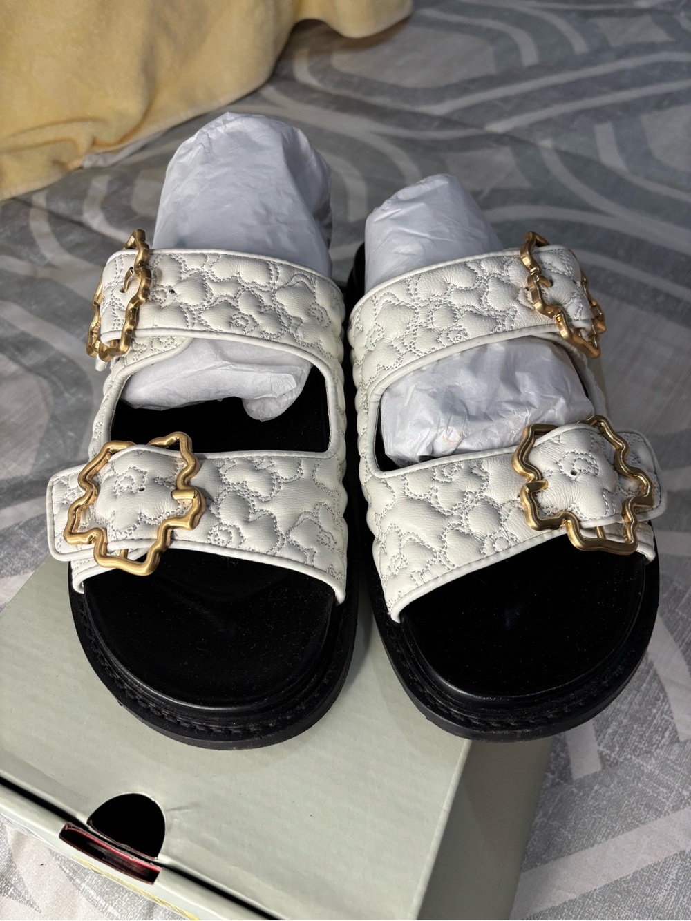 Ted Baker White Quilted Leather Slide Sandals with Gold Buckles
